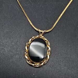 14K Gold Filled Black Onyx Pendant Necklace Vintage Jewelry